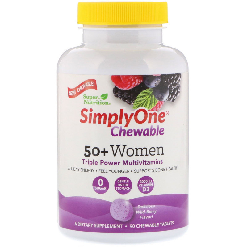 Super Nutrition, SimplyOne, Women 50+ Triple Power Multivitamin, Wild-Berry Flavor, 90 Chewable Tablets