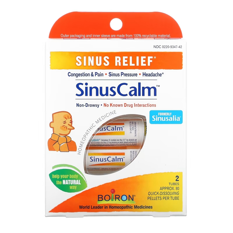 Boiron, SinusCalm, Sinus Relief, 2 Tubes, Approx. 80 Quick-Dissolving Pallets Per Tube