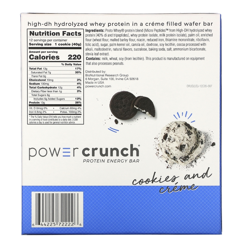 BNRG, Энергетический батончик Power Crunch Protein, оригинальный, печенье с кремом, 12 баточников, 1,4 унц. (40 г) в каждом