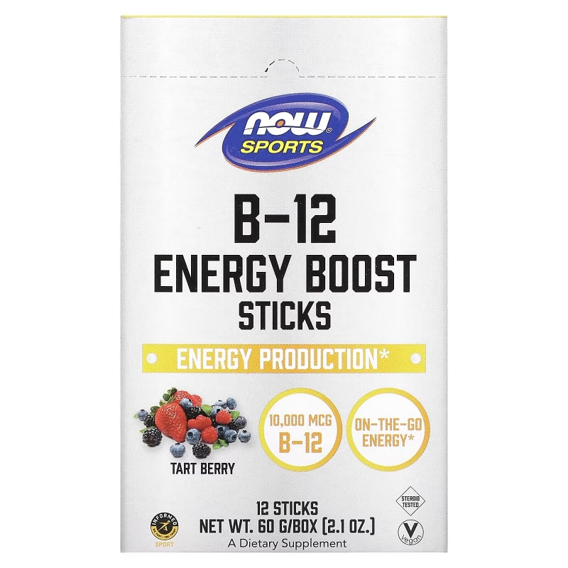 Now Foods, Sports, B-12 Energy Boost, батончики, ягодный вкус, 10 000 мкг, 12 шт., 60 г (2,1 унции)