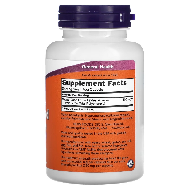 NOW Foods, Maximum Strength Grape Seed Extract, 500 mg, 90 Veg Capsules