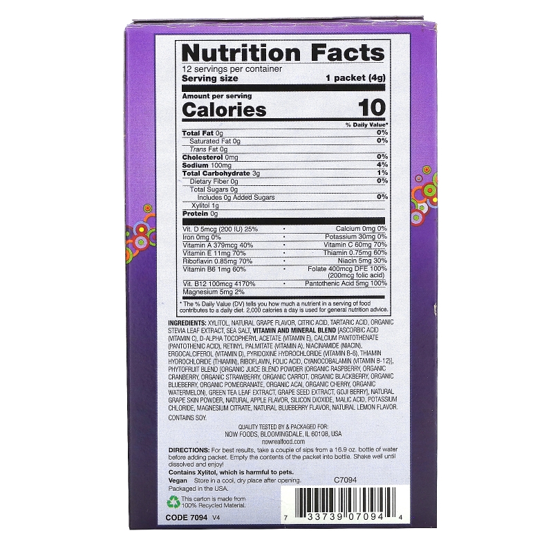 Now Foods Real Food Тонкие стики для напитка Активный Виноград 12 стиков (4 г каждый)