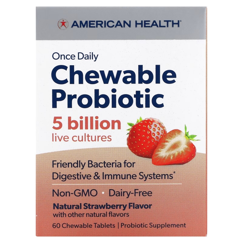 American Health, Once Daily Chewable Probiotic, Natural Strawberry, 5 Billion CFU, 60 Chewable Tablets