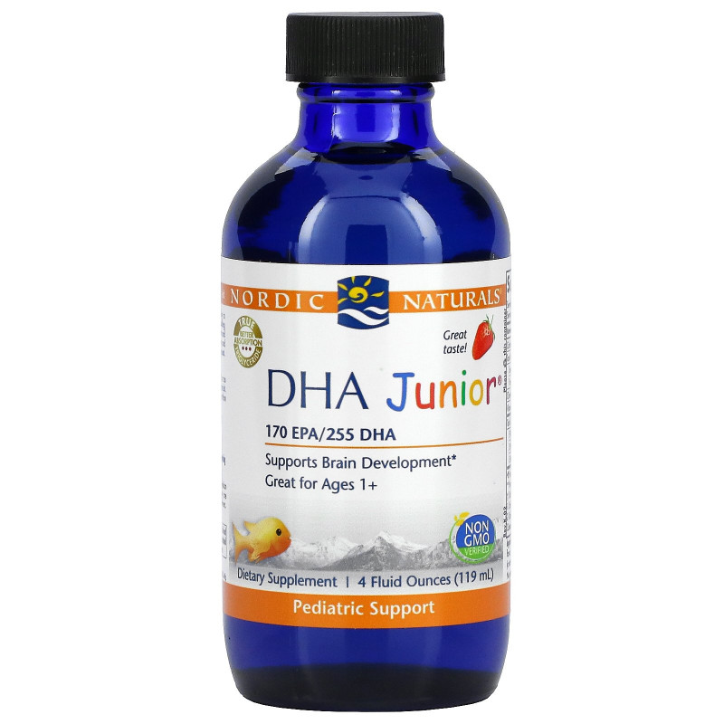 Nordic Naturals, DHA Junior, Великолепно для детей 3+, Со вкусом клубники, 4 ж. унц.(119 мл)