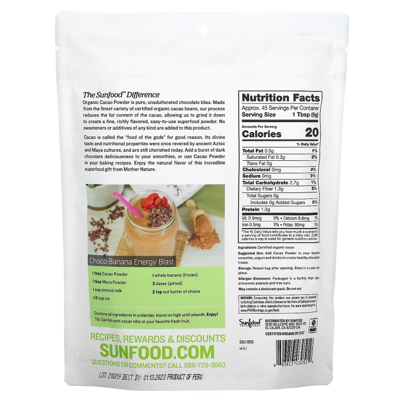 Sunfood, Organic Cacao Powder, 8 oz (227 g)