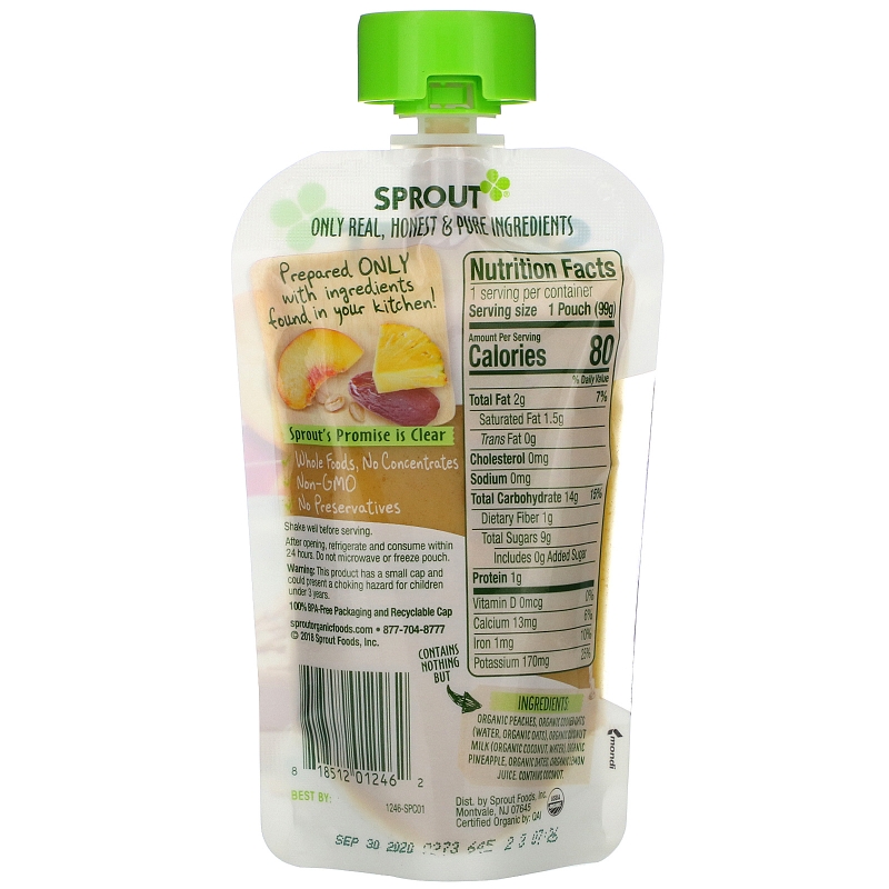 Sprout Organic, Baby Food, 6 Months & Up, Peach Oatmeal with Coconut Milk & Pineapple, 3.5 oz (99 g)