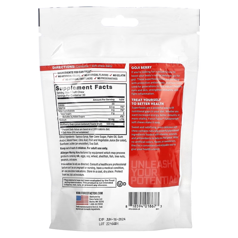 Force Factor, Fundamentals, Goji Berry, 30 Soft Chews