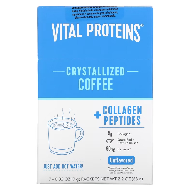 Vital Proteins, Crystallized Coffee + Collagen Peptides, Unflavored, 7 Packets, 0.32 oz (9 g) Each