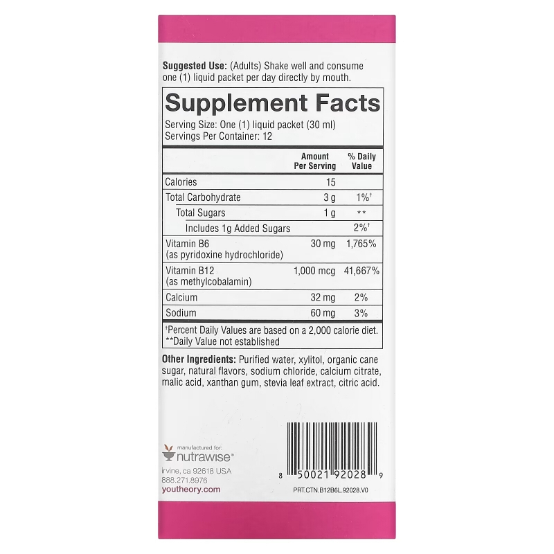 Youtheory, B12B6 On The Go, Raspberry, 12 Packets, 1 fl oz (30 ml) Each