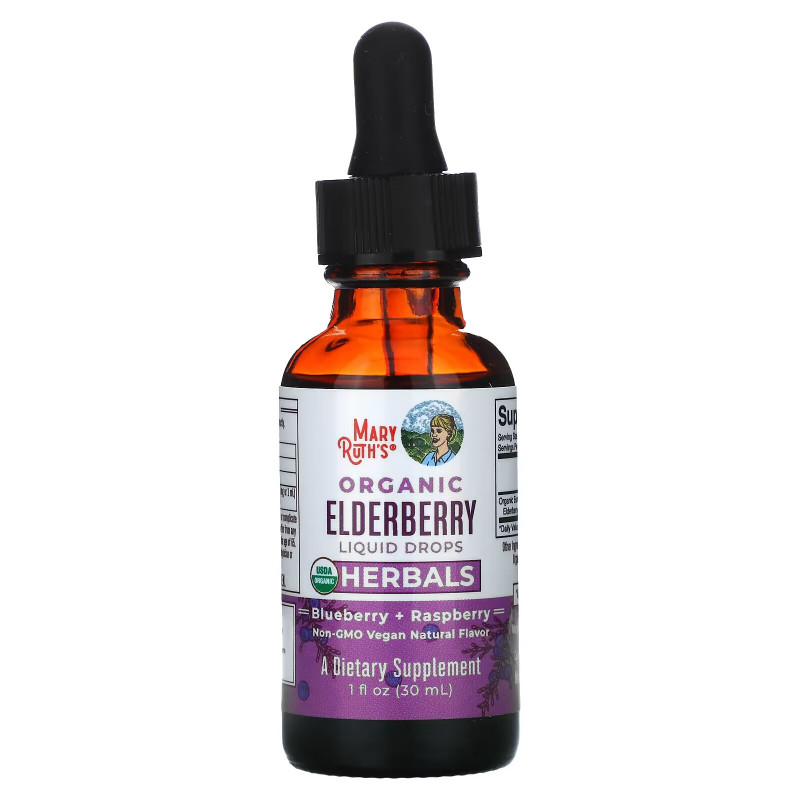 MaryRuth Organics, Organic Elderberry Liquid Drops, Herbals, Blueberry + Raspberry, 1 fl oz (30 ml)