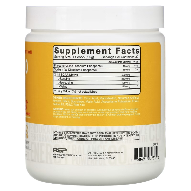 RSP Nutrition, BCAA 5000, Instantized BCAAs, Orange Mango, 5,000 mg, 7.94 oz (225 g)