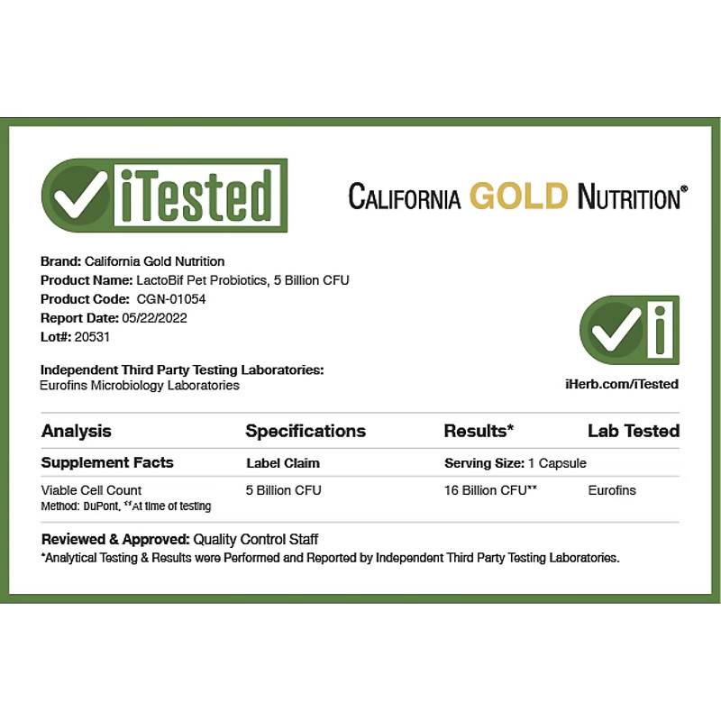 California Gold Nutrition, Пробиотики LactoBif Pet, 5 миллиардов КОЕ, 60 овощных капсул